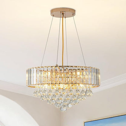 HOPGGIE 17 Inch Crystal Chandeliers Flush Mount Chandelier G9 Base Round Modern Ceiling Light Fixture Pendant Lighting for Living Room Dining Room Laundry Room Kitchen Bedroom (Gold)