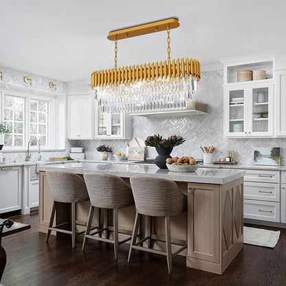 10-Light Modern Gold Crystal Chandelier, Luxury Rectangular Crystal Chandeliers for Dining Room, Kitchen Island, Living Room, Farmhouse Chandelier Lighting