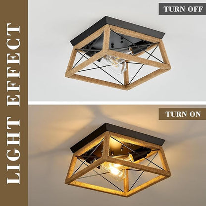 Boho Rattan Ceiling Light Fixture 2-Light Flush Mount Ceiling Light with Rattan Wood Shade Farmshouse Ceiling Lamp Fixture for Hallway Entryway Kitchen Sink Dining Room Bedroom