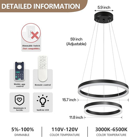 Modern Black Led Chandelier 2 Rings Dimmable LED Chandeliers with Remote Control Light Fixture for Kitchen Island Height Adjustable Chandelier Led Pendant Light for Living Room Dining Room