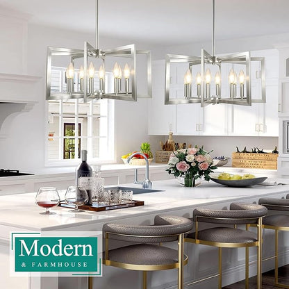 8-Light Brushed Nickel Chandelier, Farmhouse Dining Room Light Fixture, Modern Chandelier, Geometric Industrial Metal Hang Lighting Fixture for Foyer Entryway Kitchen Over Table Hallway Living Room