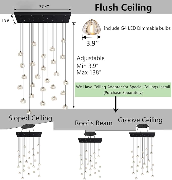 HAIXIANG LED Chandeliers for Living Room Rectangular Light Dining Room Light Dimmable High Ceiling Pendant Lights Fixtures Lighting Chandelier for Foyer Entryway 2700K 6000K Lighting Large