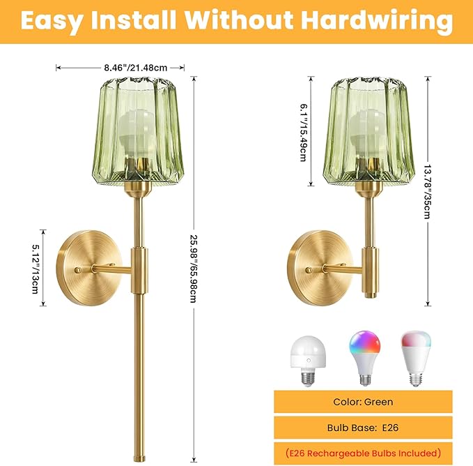 Crystal Battery Operated Wall Sconces Set of 2, Green Rechargeable Wireless Wall Sconce Lights with Crystal Lampshade, 12 RGB and 3CCT Dimmable Wall Lamps for Bedroom Living Room Hallway Decor, 2 Pack