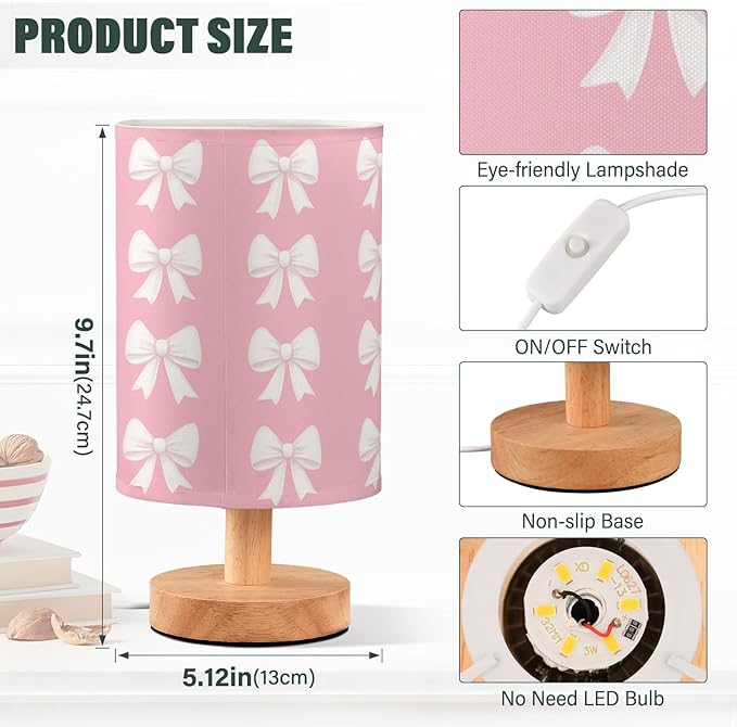 Bedside Table Lamp Cute White Bow Pink Nightstand Lamp with Wood Desk Lamps for Bedroom Living Room Nursery Office Home Decor