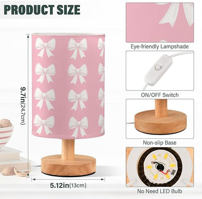 Bedside Table Lamp Cute White Bow Pink Nightstand Lamp with Wood Desk Lamps for Bedroom Living Room Nursery Office Home Decor