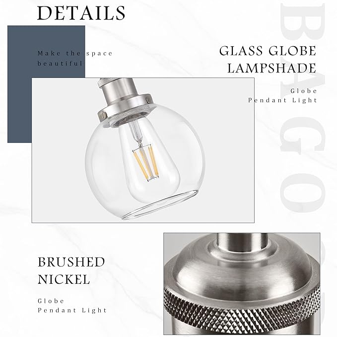 Bagood Brand 6 inch Mid Century Modern Globe Pendant Light, Brushed Nickel Finish, Clear Glass, Kitchen Island Lighting, Includes Bulb, Adjustable Cord, Monopoint with Canopy