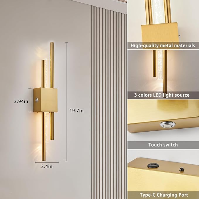 Battery Operated Wall Sconces Set of Two, Rechargeble Modern Crystal Bathroom Wall Sconces, 3000K-6000K Dimmable Gold LED Wireless Wall Lights for Vanity Bedroom Living Room Hallway 19.7in