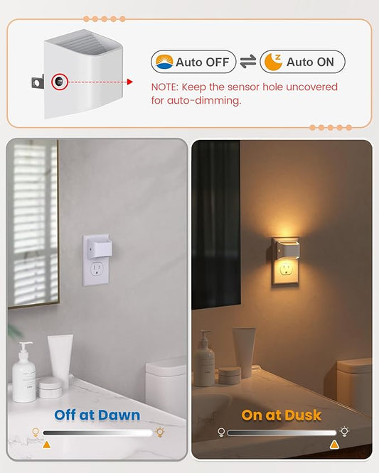 NIORSUN Plug in Night Light, Auto Brightness Sensor Night Light, 3000K Warm White, Ultra-Slim Wall Light for Hallway Bathroom Bedroom Stairs, White, 4 Pack