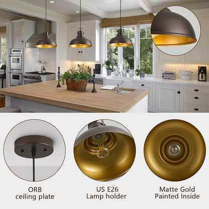 Refice 2 Packs Farmhouse Pendant Lights, Oil Rubbed Bronze Matte Pendant Lighting for Kitchen Island Industrial Adjustable Height Vintage Dome Hanging Light Fixtures for Barn, Dining Room