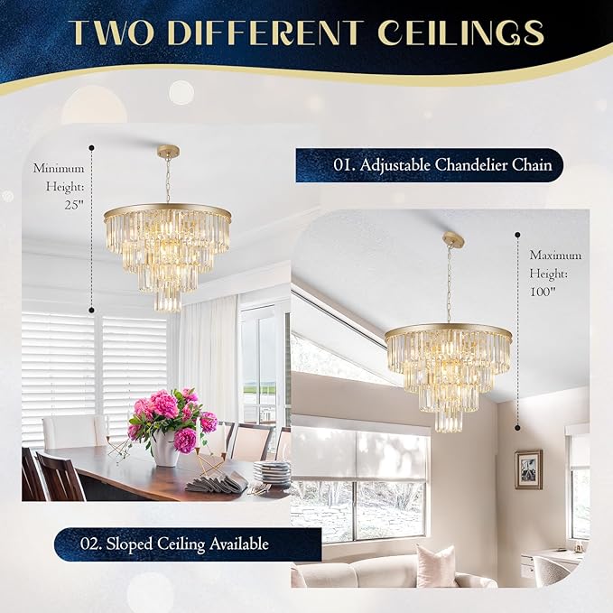 Modern Crystal Chandeliers Luxury Gold 24" Round Chandelier 12 Lights Ceiling Pendant Light Fixture 4-Tier K9 Crystal Lighting for Living Room Dining Room Staircase Foyer