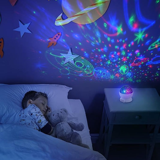 Globe Electric 13766 LED Integrated Color Changing Space Projector Night Light, 4 Interchangeable Projection Patterns, Removeable Dome Diffuser, USB or Battery Powered, Bulb Not Included