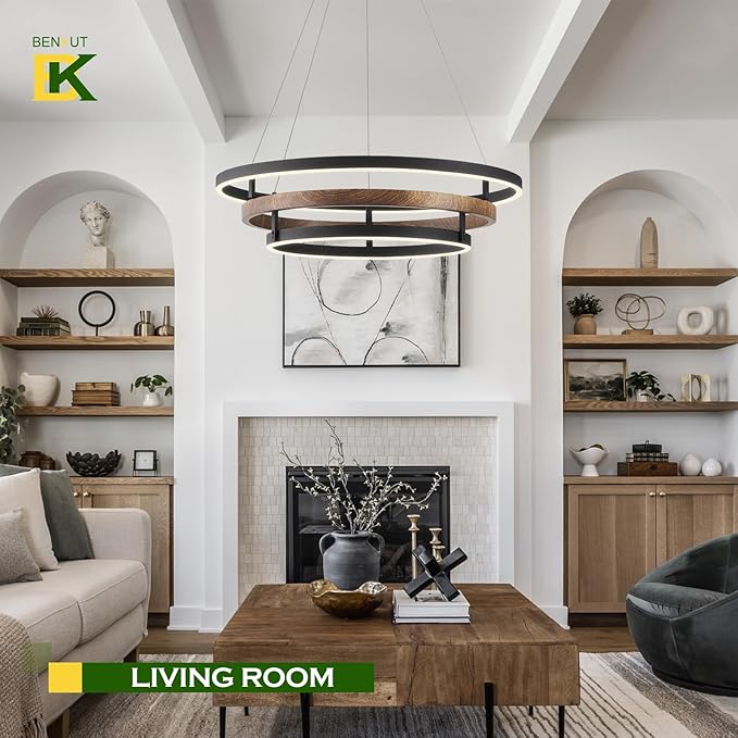 Benkut Modern LED Chandelier Black Dimmable 3 Ring Pendant Light for Dining Room, Kitchen Chandelier Circular with Remote Control Flush Mount High Ceiling Light for Living Room, 3000K-6500K