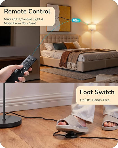 EDISHINE Floor Lamps with 2 Lampshades, 63.7" Modern Standing Lamp with Foot Switch and Remote Control, Stepless Dimmable Minimalist Lamps for Bedroom, Office, (9W LED Bulb Included), Black