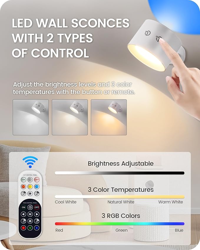 Battery Operated Wall Sconce Set of 2, Rechargeable Wall Sconce with Remote Control, 3 Color Temp 3 RGB Dimmable, Cordless Wall Mount Llight for Hallway Bedroom, White W02YBP206