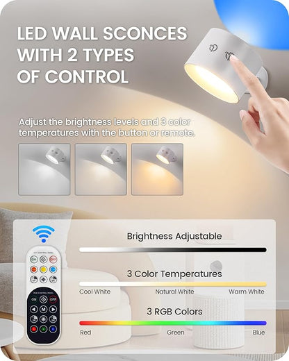 Battery Operated Wall Sconce Set of 2, Rechargeable Wall Sconce with Remote Control, 3 Color Temp 3 RGB Dimmable, Cordless Wall Mount Llight for Hallway Bedroom, White W02YBP206
