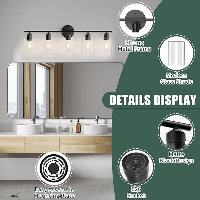 Bathroom Vanity Light Fixtures Matte Black Bathroom Lighting Fixture, 5 Lights Bathroom Light Fixture Over Mirror, Modern Black Vanity Light, Wall Sconces with Glass Shades