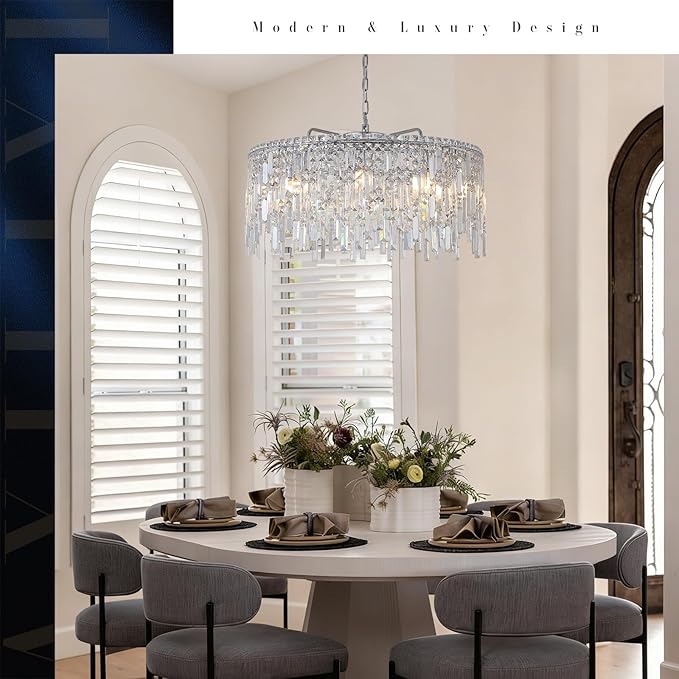 A AXILIXI Large Crystal Chandelier 30'' Chrome Modern Chandelier for Dining Room 10 Light Drum Chandelier Luxury K9 Raindrop Crystal Ceiling Pendant Fixtures for Living Room Bedroom Staircase Foyer