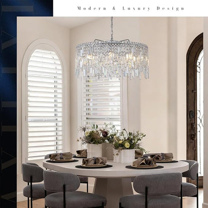A AXILIXI Large Crystal Chandelier 30'' Chrome Modern Chandelier for Dining Room 10 Light Drum Chandelier Luxury K9 Raindrop Crystal Ceiling Pendant Fixtures for Living Room Bedroom Staircase Foyer