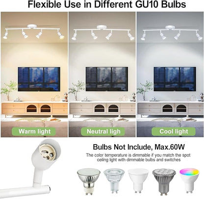 4 Light Track Lighting Fixture, GU10 Rotatable Heads, Matte White, Bulbs Not Included, Perfect for Kitchen, Office, Laundry, Dining Room