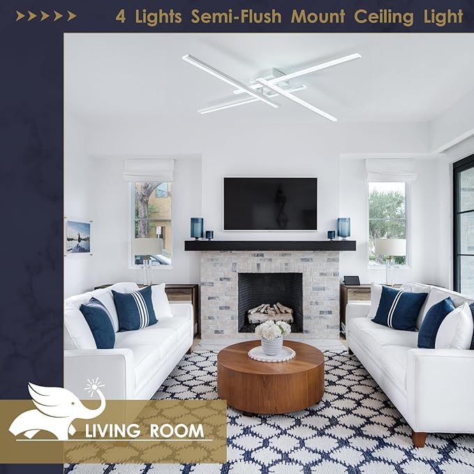 White Modern Led Chandelier 4-Lights Semi-Flush Mount Ceiling Lighting Fixture 35.4” Dimmable Remote Control Ceiling Light for Living Room Bedroom Kitchen Foyer