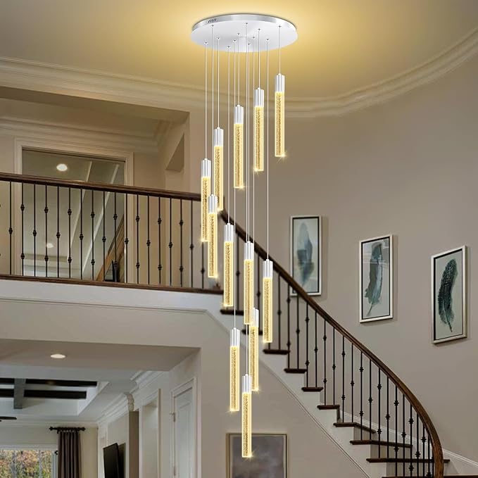 Luxury 12 Light Modern Crystal Pendant Light - 118" High Ceiling Silver LED Dimmable Pendant Light for Bedside Island Kitchen Living Room