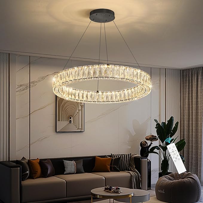 HAIXIANG Modern Crystal Chandelier Dimmable LED Ring Pendant Lights Adjustable Glam Chandeliers Lighting Fixtures for Dining Room Living Room Bedroom Black Light