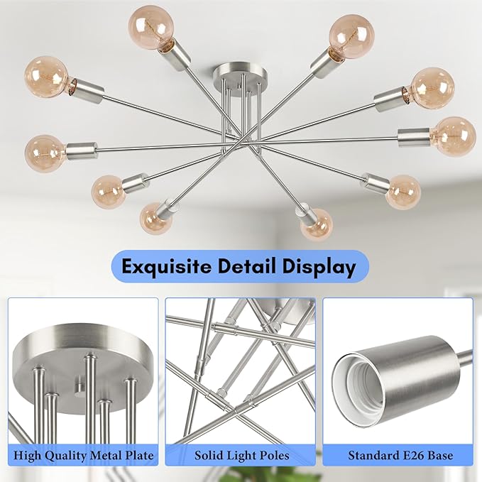Semi Flush Mount Ceiling Light Fixture, 10-Light Modern Brushed Nickel Sputnik Chandelier Industrial Ceiling Lamp for Kitchen Dining Room Living Room Bedroom Foyer