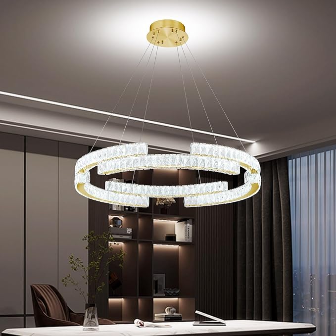 16in Modern Gold Ring Chandelier for Living Room Dinning Room immable Led Crystal Pendant Light Dimmable 3000k-6000k