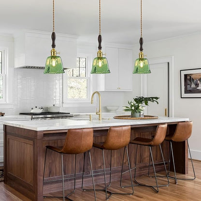 Green Glass Vintage Pendant Light Height Adjustable Handmade Glass Pendant Lights Kitchen Island Gold Hanging Light Fixture with Wood Handle for Bedroom Dining Room Hotel (2 Pack)