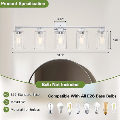 5 Light Bathroom Vanity Light - Chrome Bathroom Light Fixtures Square Design & UL Certification, 31 Inch Bath Room Light Fixtures Over Mirror for Living Room & Bedroom & Restroom