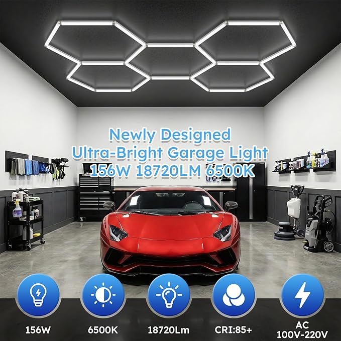 ALLYES Hexagon Garage Lights,156W 18720LM,5 Hexagon LED Garage Lights 6500K, Premium PC Material, DIY Installation for Garage Workshop,Shop,Salon,Gym