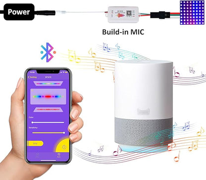 SP107e LED Controller, Music-Sync RGB Pixel Controller for WS2812b/Ws2811/SK6812 LED Strips & Screen Lighting, APP-Controlled Smart System with Real-Time Audio Effects