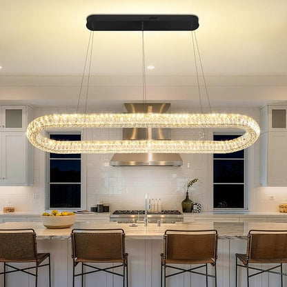 Large Led Ring Chandelier for Living Room Modern 55in Black Linear Oval Chandeliers Over Table Crystal Ring Pendant Light for Dining Room Dimmable 3000K-6000K