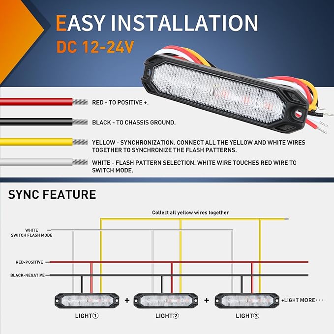 Nilight 6LED Emergency Strobe Lights 4PCS Ultra Slim Surface Mount Hazard Caution Light bar 12-24V Sync Feature Warning Flashing Light kit for Truck Car Vehicle ATV SUV UTV Red and Blue