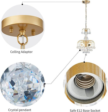 WUZUPS Crystal Chandelier Pendant Flushmount Ceiling Light Modern Lighting Fixture for Bedroom Hallway Bar Kitchen Bathroom, H 14.4" x W 11.8", Gold, E12 Base