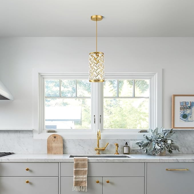 Gold Crystal Pendant Lights Kitchen Island, Modern Mini Chandelier, Adjustable Hanging Ceiling Light Fixture for Kitchen Dining Room Bedroom Foyer Bar (Gold, 1 Pack)