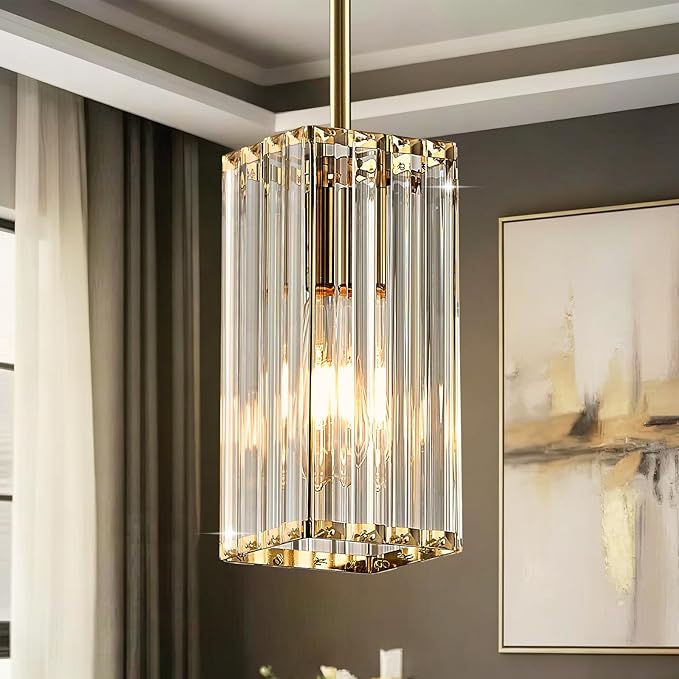 Modern Crystal Pendant Lights Kitchen Island, 1-Light Brushed Gold Hanging Light with Clear Crystal Shade, Adjustable Height Pendant Lighting for Kitchen Island Dining Room Bedroom Bar Entryway
