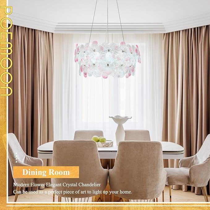 Modern Pink Flower Chandelier 20'' Gold Crystal Light Fixture Dimmable LED Ceiling Pendant Lighting with Remote Control Contemporary for Dining Room Entryway Bedroom Kitchen(3000K-6500K)