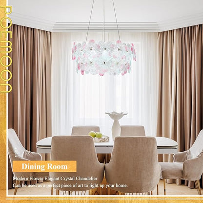 Modern Pink Flower Chandelier 20'' Gold Crystal Light Fixture Dimmable LED Ceiling Pendant Lighting with Remote Control Contemporary for Dining Room Entryway Bedroom Kitchen(3000K-6500K)
