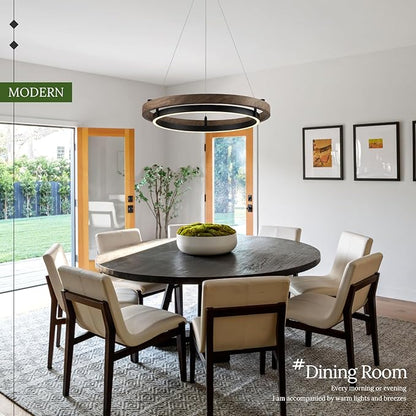 LED Ring Chandelier Dimmable Black Chandelier Round Foyer Chandeliers Light Walnut Wood Black Circular Chandeliers for Dining Room Entry Bedroom Office Living Room, 24in