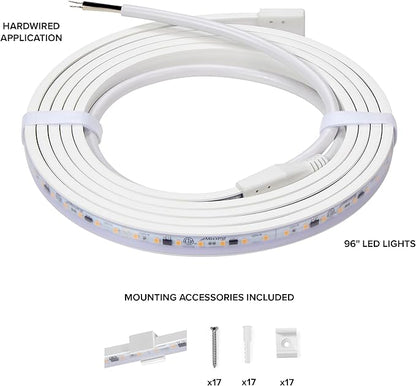 Maxxima 96 in. Hardwired LED Under Cabinet Strip Light, 3680 Lumens, 3000K Warm White, Kitchen and Living Room 120V White Cove Lighting, No Power Supply Needed