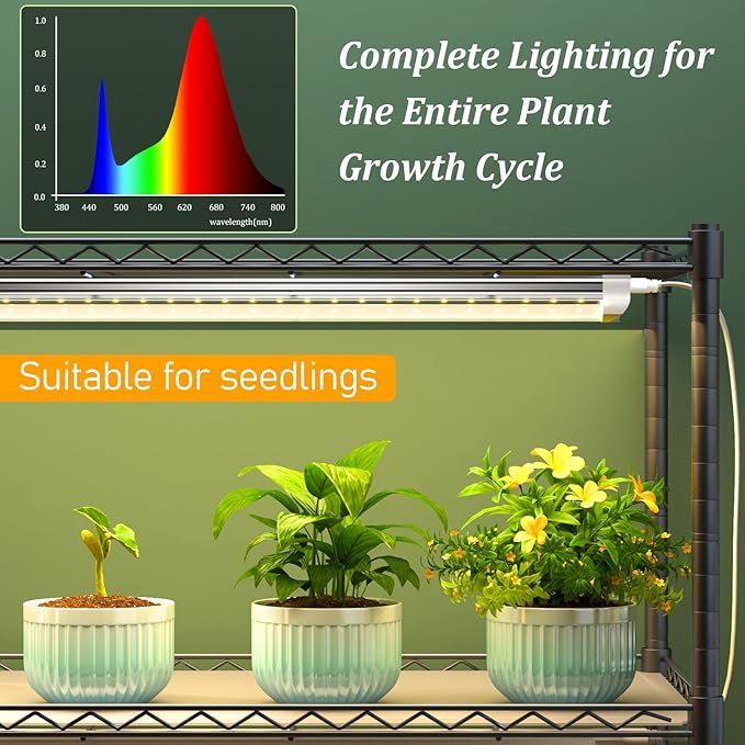 Plant Shelf with Grow Light, DIY 6-Tier Plant Stand with Grow Light, Adjustable Rack and Wheels, 8 Pack 24" 192W T8 Full Spectrum Grow Lamp for Indoor Plants, Seed Starting, Vegetable, 29"x13.5"x73.5"