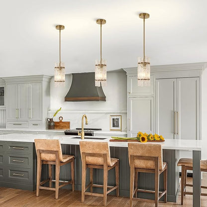 KELUOLY Modern Gold Crystal Pendant Light for Kitchen Island, Luxury Mini Water Ripple Glass Chandelier Lights Fixture, E26 Square Adjustable Hanging Pendant Lighting for Dining Room Bedroom (1-Pack)