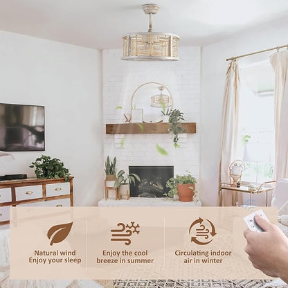 ainqiant 20 Inch Rattan Caged Ceiling Fan with Light, Boho White Fandelier Ceiling Fan with Lights and Remote, Enclosed 6 Speed for Bedroom Kitchen Dining Room