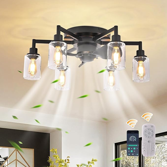 Garwarm 26.4" Ceiling Fans with Lights, Black Flush Mount Ceiling Fan with Lights Remote Control,Low Profile Bladeless Ceiling Fan Light Fixture for Bedroom, Kitchen, Dining Room