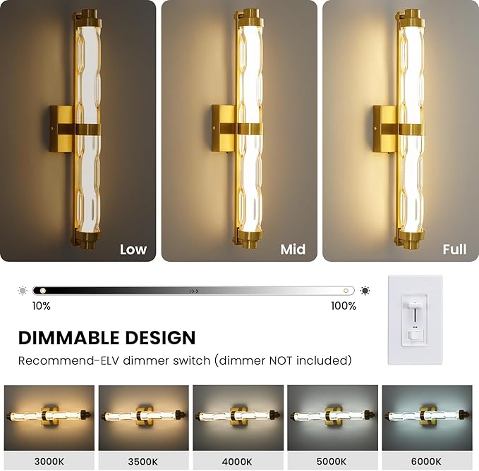 23.6" Gold Wall Sconce, Modern Vanity Light with Ripple Glass Shade, 5CCT Dimmable LED Bathroom Wall Lighting 20W for Mirror, Bedroom, Living Room, Hallway