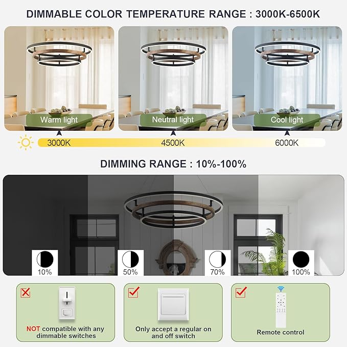 Benkut 3 Rings Modern LED Chandelier Black Dimmable Circular Pendant Light for Dining Room, Foyer Chandelier with Remote Control Flush Mount High Ceiling Light for Kitchen Living Room, D30.7In