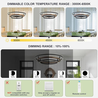Benkut 3 Rings Modern LED Chandelier Black Dimmable Circular Pendant Light for Dining Room, Foyer Chandelier with Remote Control Flush Mount High Ceiling Light for Kitchen Living Room, D30.7In