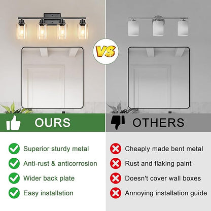 Ascher Bathroom Light Fixtures, 4-Light Vanity Lights with Clear Glass Shade, Modern Black Finish Wall Light for Mirror Bedroom Hallway Cabinet Porch