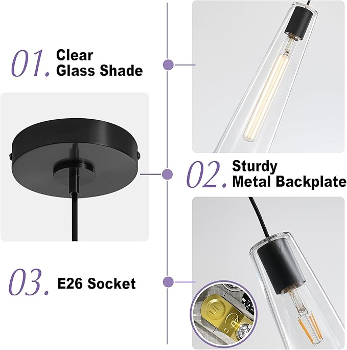 Modern Glass Pendant Lights Kitchen Island, Dimmable Black Pendant Light Fixtures 1 Pack, Adjustable Farmhouse Hanging Light Fixture with Clear Glass Shades for Hallway Dining Room